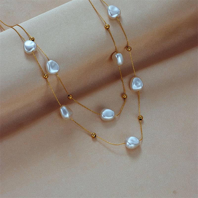 French Style Irregular Titanium Steel Pearl Plating Layered Necklaces