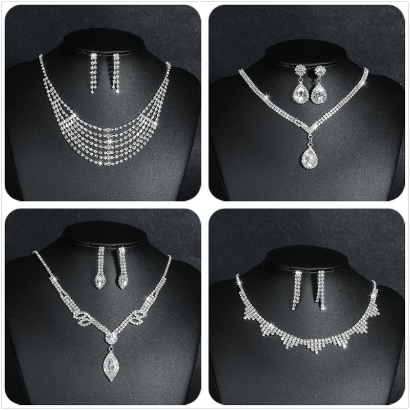Elegant Water Droplets Tassel Artificial Crystal Metal Inlay Rhinestones Earrings Necklace 1 Set
