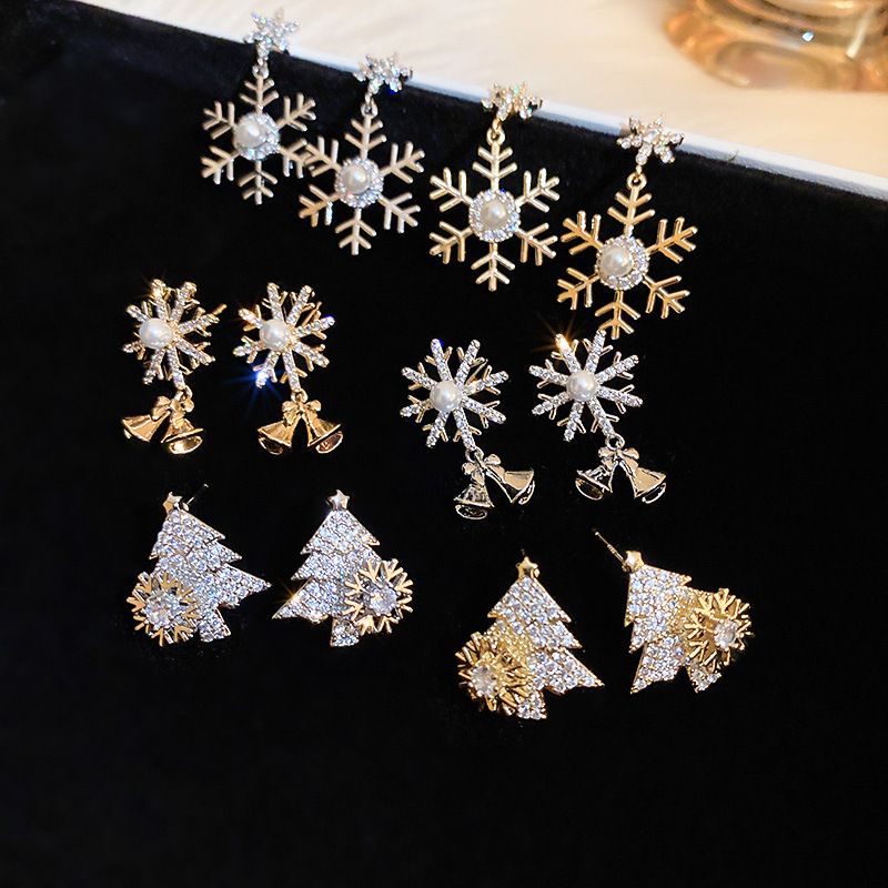 Retro Copo De Nieve Cobre Embutido Circón Aretes 1 Par