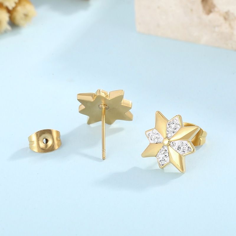 Elegante Flor Acero Titanio Chapado En Oro Diamantes De Imitación Aretes Collar