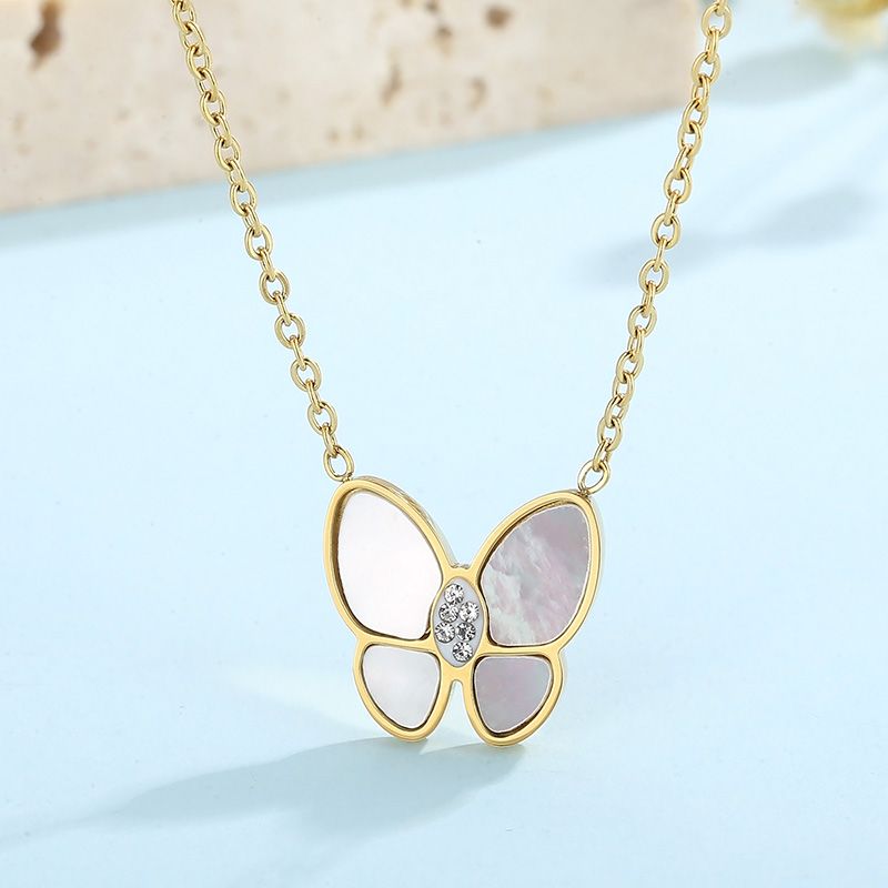Sweet Butterfly Stainless Steel Plating Rhinestones Shell Pendant Necklace 1 Piece