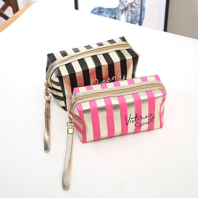 Women's Small All Seasons Pu Leather Stripe Fashion Square Zipper Cosmetic Bag