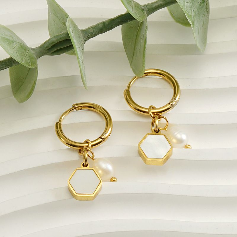 Fashion Hexagon Pearl Inlay Pearl Shell Drop Earrings 1 Pair
