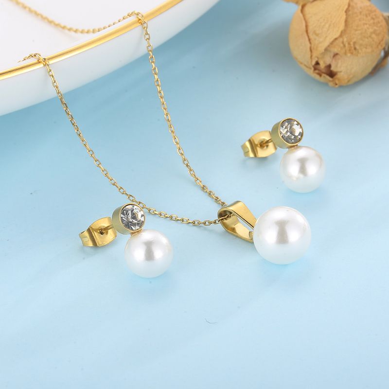 Fashion Geometric Titanium Steel Inlay Artificial Pearls Rhinestones Women's Earrings Necklace