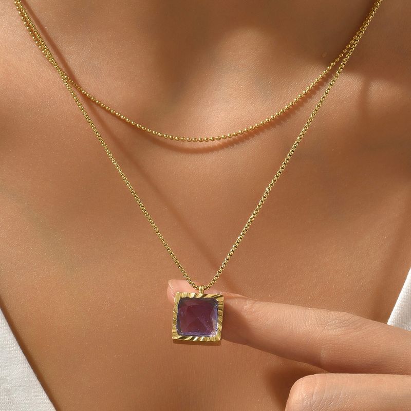 Elegant Square Stainless Steel Inlay Zircon Layered Necklaces 1 Piece