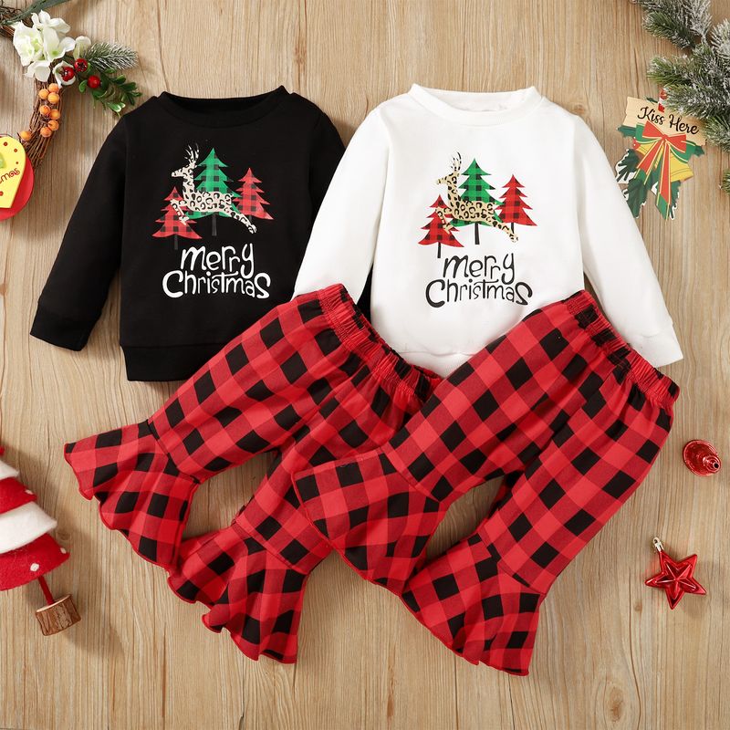 Christmas Fashion Christmas Tree Letter Plaid Patchwork 100% Cotton Girls Clothing Sets