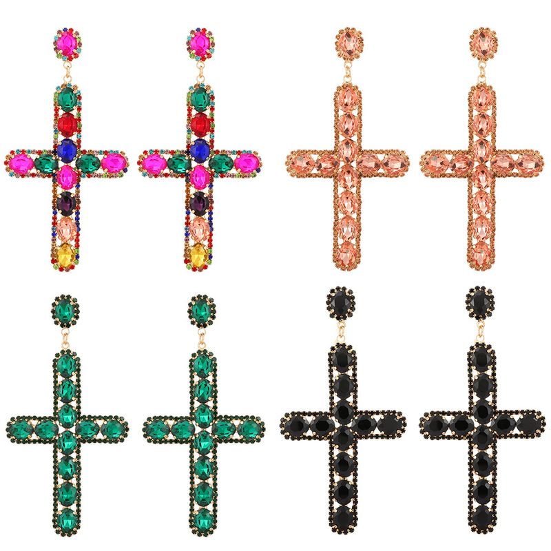 Fashion Cross Metal Inlay Artificial Rhinestones Women's Drop Earrings 1 Pair