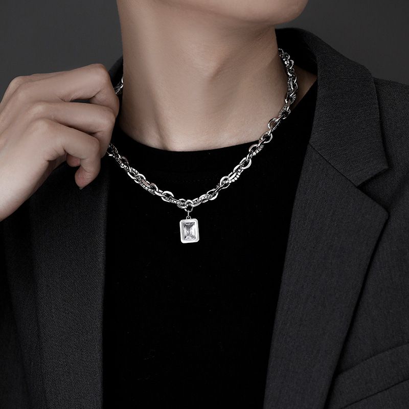 Fashion Square Titanium Steel Inlay Artificial Gemstones Men's Pendant Necklace 1 Piece