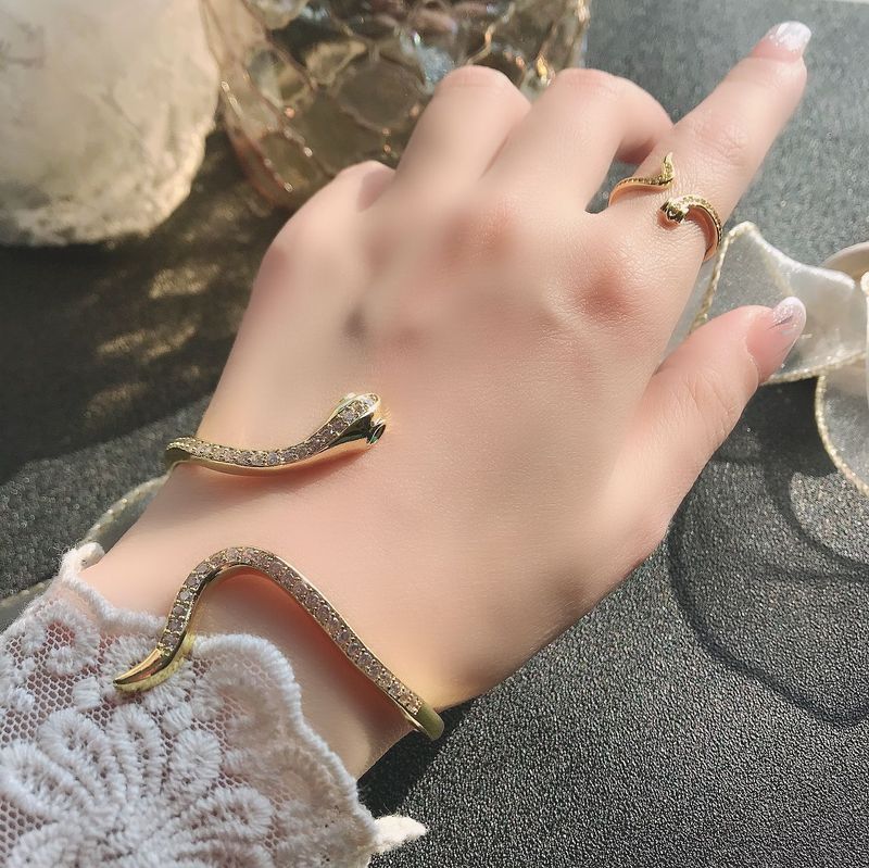 Rétro Serpent Le Cuivre Plaqué Or Incruster Zircon Femmes Anneaux Bracelets