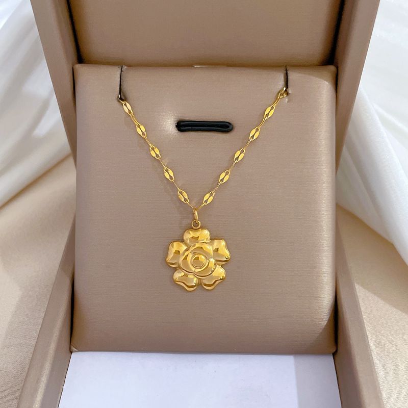 Lady Flower Titanium Steel Gold Plated Pendant Necklace