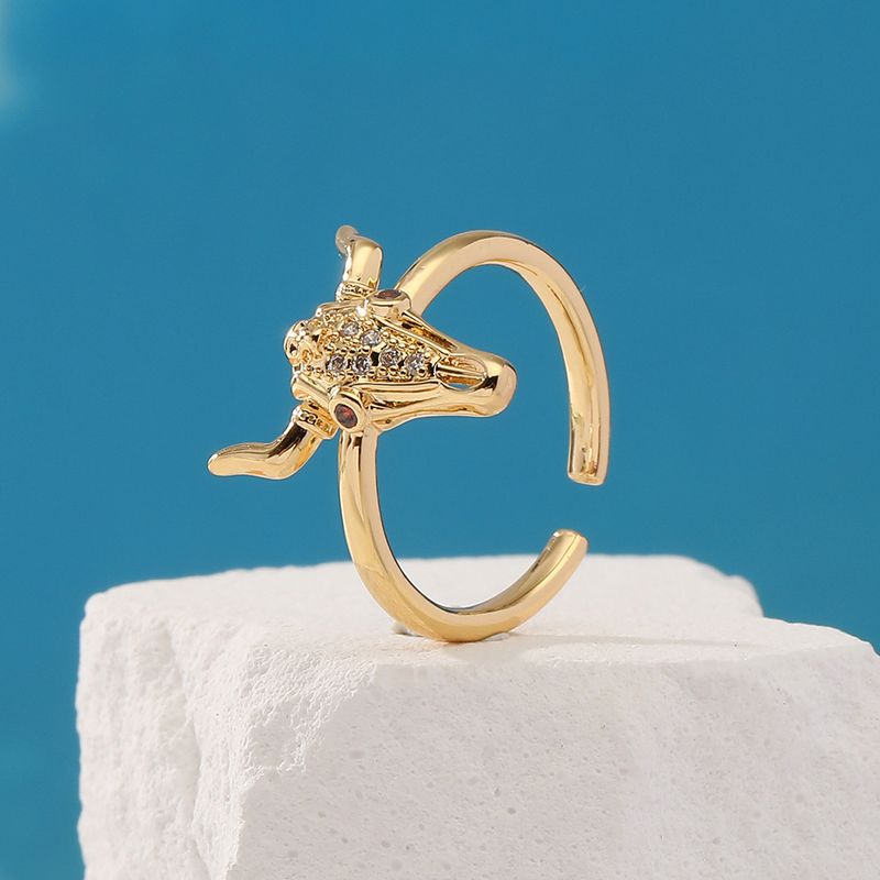 Mode Stierkopf Kupfer Vergoldet Zirkon Offener Ring