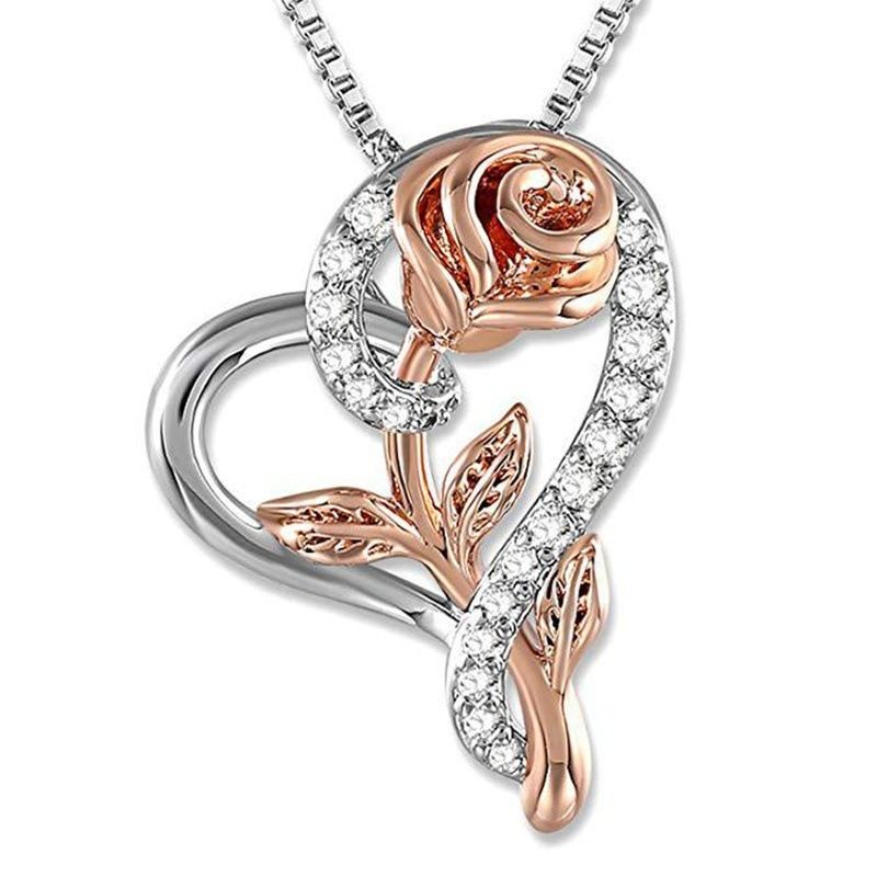 Mode Herzform Rose Metall Überzug Blumen Künstliche Edelsteine Valentinstag Muttertag Frau Halskette