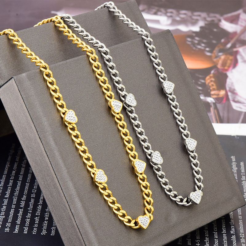 Mode Herzform Titan Stahl Vergoldet Strasssteine Armbänder Halskette 1 Stück