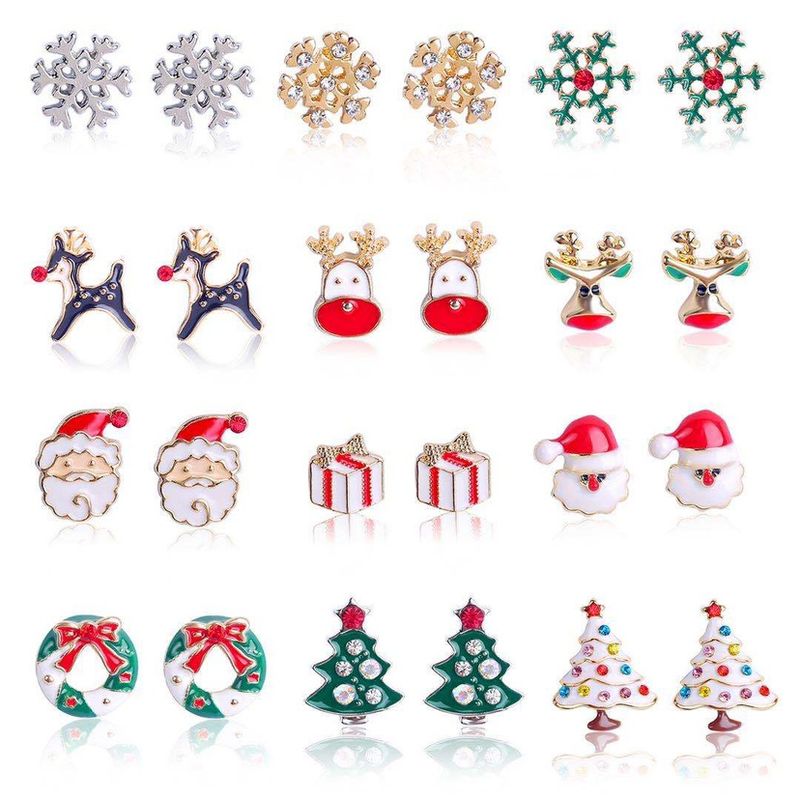 1 Par Lindo Árbol De Navidad Papá Noel Copo De Nieve Embutido Aleación Diamantes De Imitación Pendientes