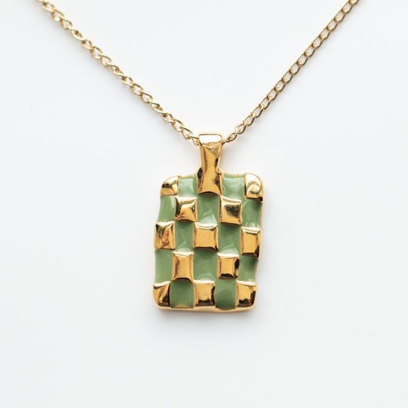 Wholesale Fashion Plaid Rectangle 302 Stainless Steel Copper Enamel Gold Plated Pendant Necklace