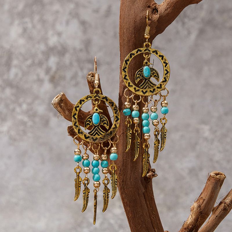 Style Ethnique La Plume Oiseau Alliage Incruster Turquoise Femmes Boucles D'oreilles 1 Paire