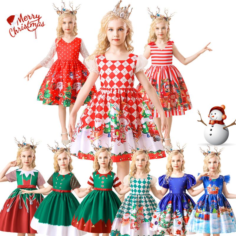 Christmas Fashion Cartoon Color Block Printing Cotton Blend Polyester Girls Dresses