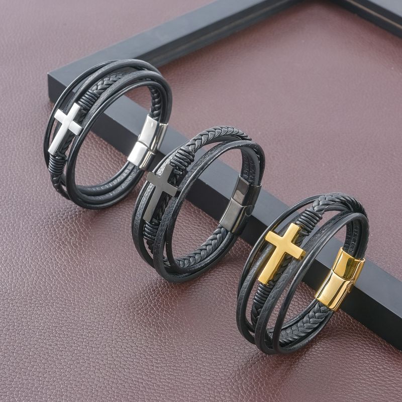 Fashion Cross Pu Leather Plating Men's Bracelets 1 Piece