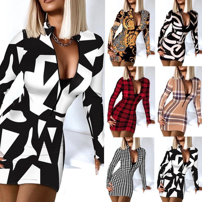 Women's A-line Skirt Vintage Style V Neck Printing Long Sleeve Color Block Above Knee Daily