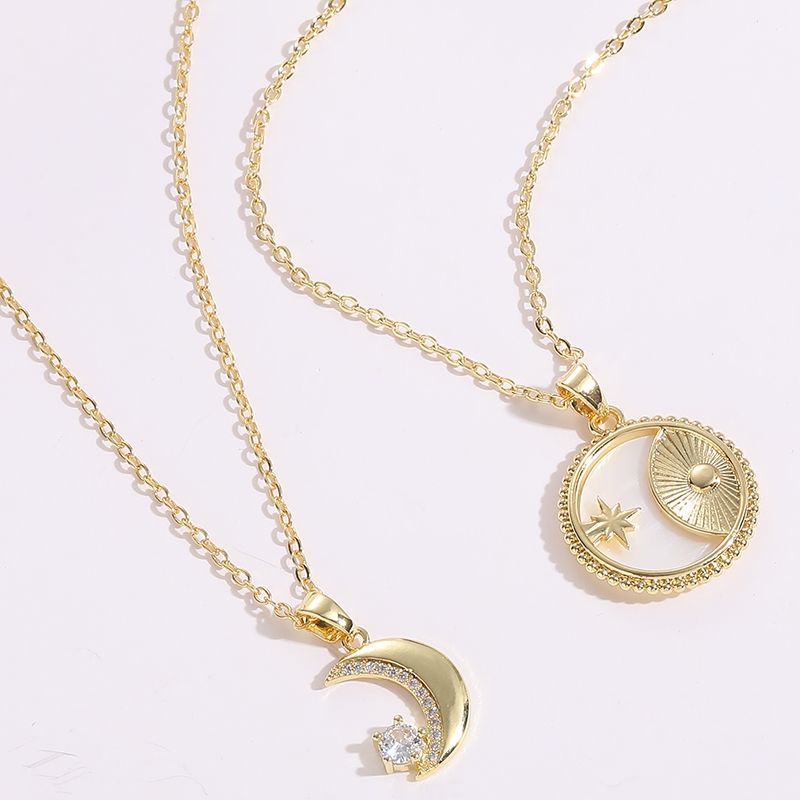 Elegant Sun Moon Copper Gold Plated Shell Zircon Pendant Necklace 1 Piece