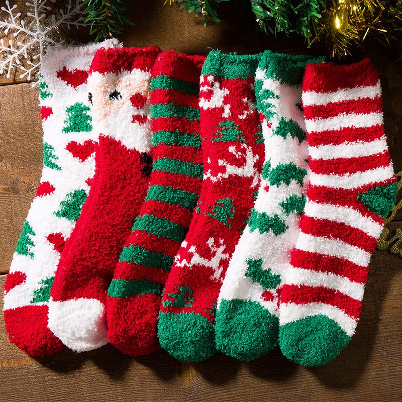 Unisex Cute Christmas Tree Santa Claus Elk Coral Fleece Jacquard Crew Socks