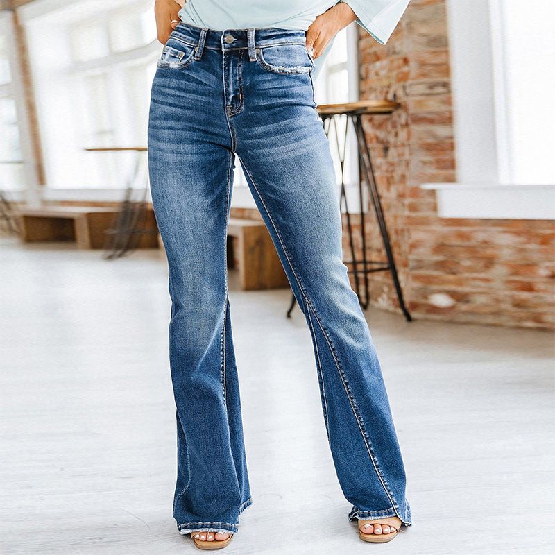 Fashion Solid Color Denim Cotton Full Length Patchwork Jeans