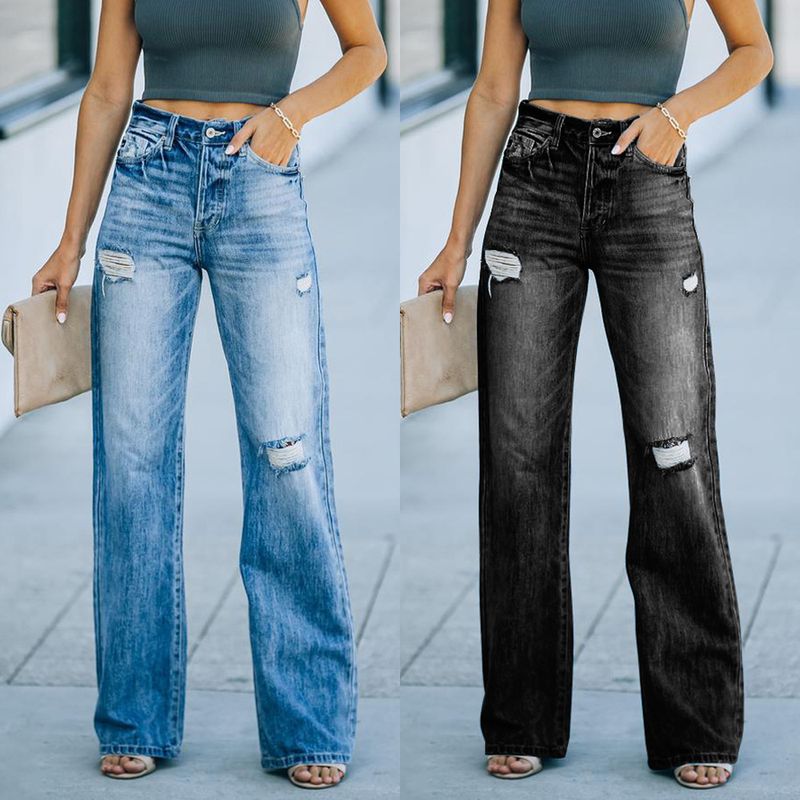 Women's Holiday Fashion Solid Color Full Length Washed Jeans