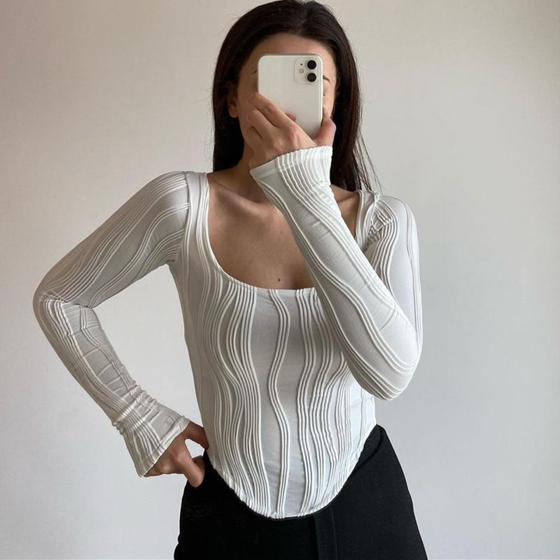 Fashion Solid Color Spandex Polyester U Neck Long Sleeve Regular Sleeve Patchwork Pleated Blouse
