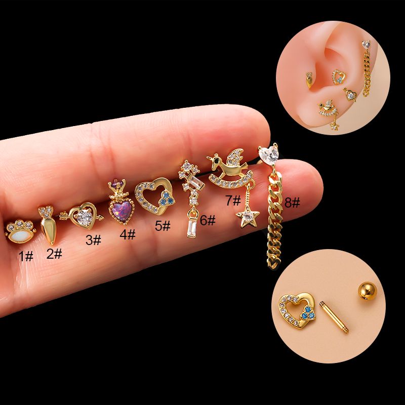Fashion Pentagram Heart Shape Stainless Steel Gold Plated Zircon Ear Studs 1 Piece