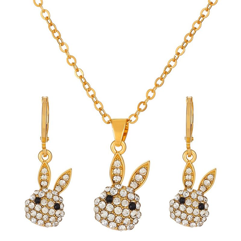 Cute Rabbit Copper Plating Artificial Rhinestones Zircon Women's Earrings Necklace 1 Set