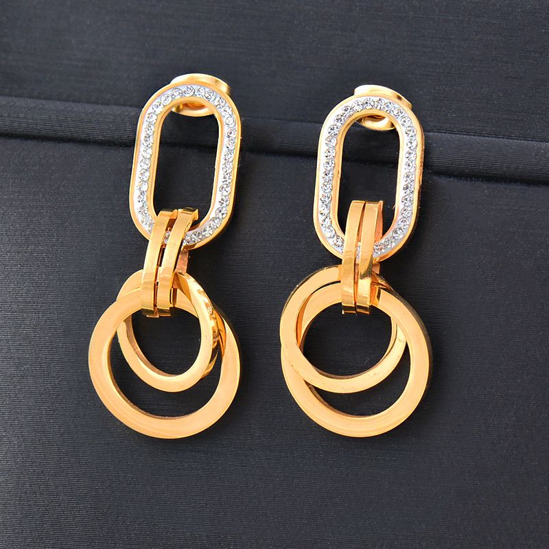 Fashion Geometric Titanium Steel Gold Plated Rhinestones Earrings 1 Pair