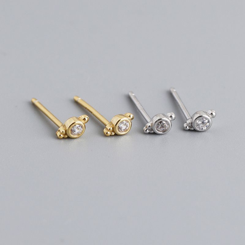 Simple Style Round Sterling Silver Inlay Zircon Ear Studs 1 Pair