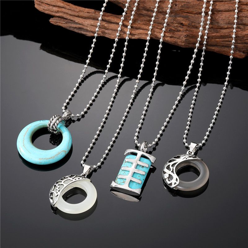 Fashion Round Rectangle Fish Bone Stainless Steel Gem Hollow Out Turquoise Pendant Necklace 1 Piece