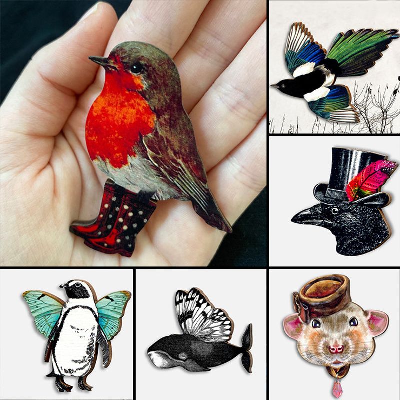 Pastoral Bird Wood Unisex Brooches