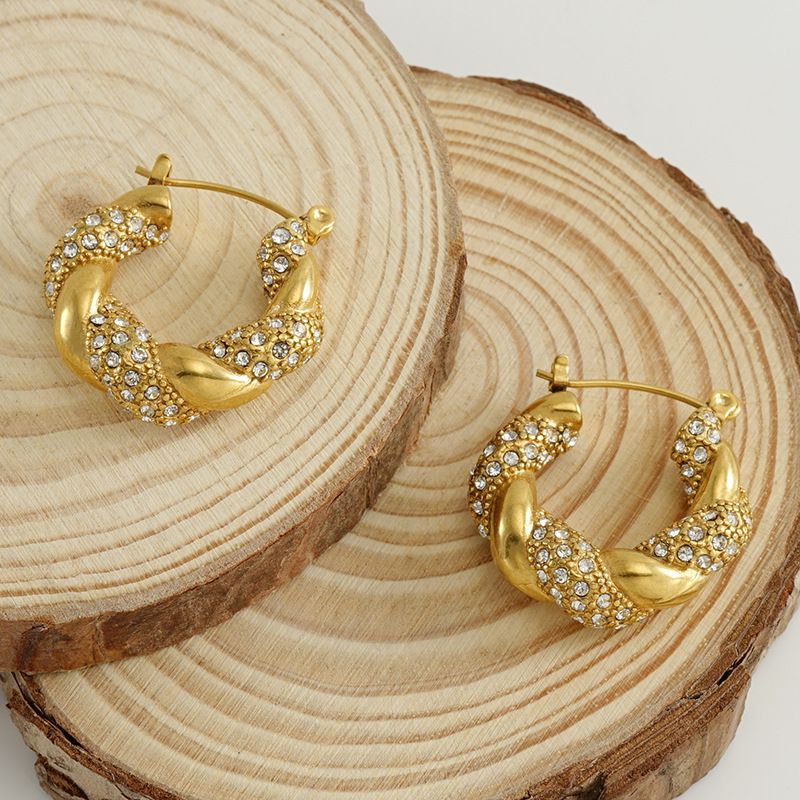 1 Pair Lady Round Gold Plated Stainless Steel Rhinestones Gold Plated Earrings