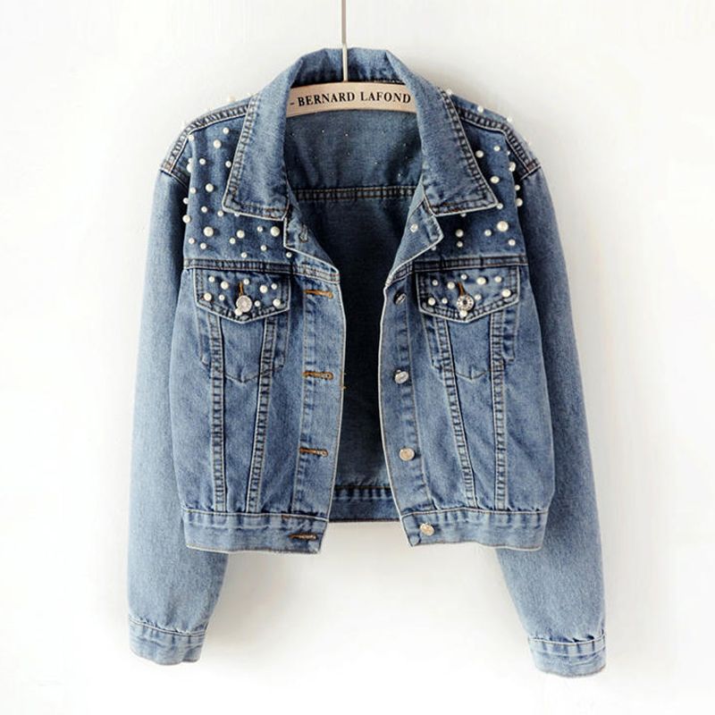 Women's Fashion Solid Color Beaded Single Breasted Coat Denim Jacket