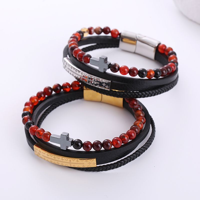 1 Piece Hip-hop Cross Stainless Steel Pu Leather Beaded Natural Stone Men's Bracelets