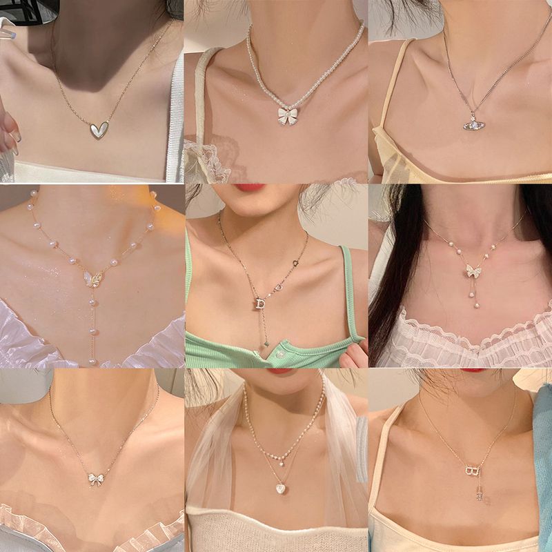 1 Piece Sweet Heart Shape Butterfly Bow Knot Alloy Beaded Plating Inlay Rhinestones Women's Pendant Necklace