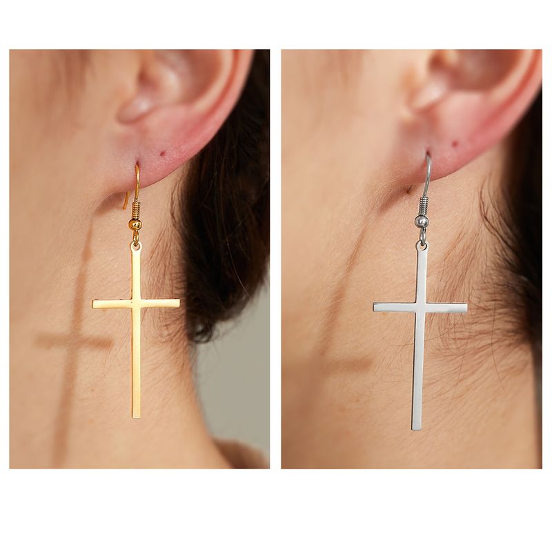 1 Pair Simple Style Cross Plating Stainless Steel Zircon 18k Gold Plated Silver Plated Ear Hook