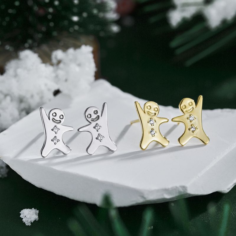 Cute Gingerbread Sterling Silver Plating Zircon Ear Studs 1 Pair