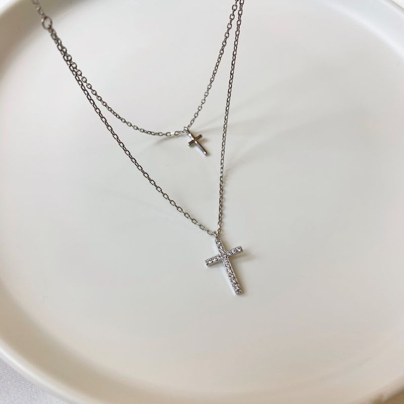 Elegant Kreuzen Sterling Silber Überzug Zirkon Geschichtete Halskette