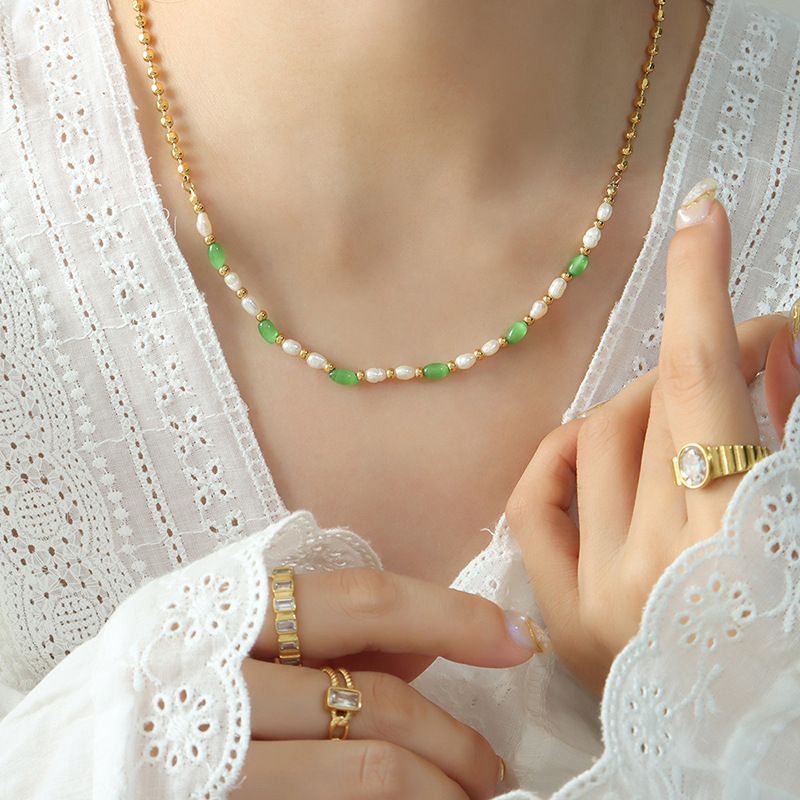 Simple Style Geometric Titanium Steel Beaded Opal Pearl Necklace