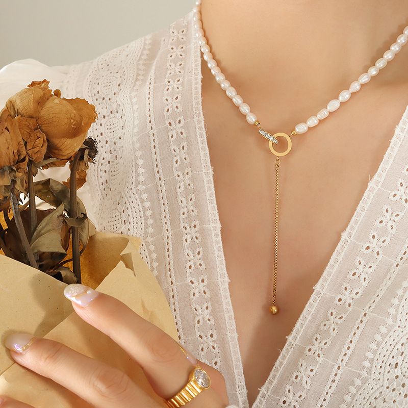Elegant Geometrisch Titan Stahl Überzug Perle Zirkon Halskette