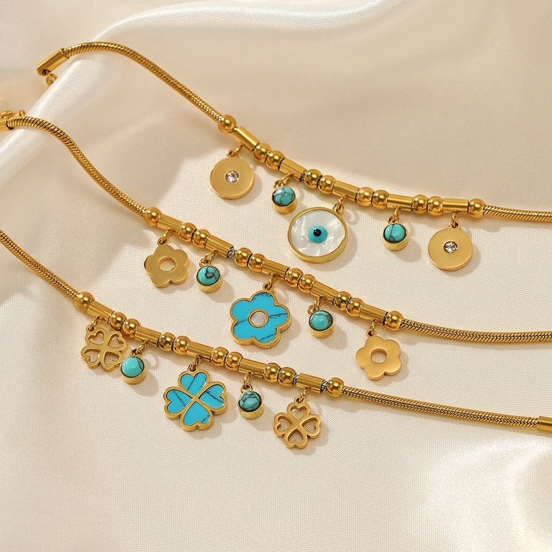 Retro Four Leaf Clover Eye Flower Stainless Steel Gold Plated Turquoise Bracelets