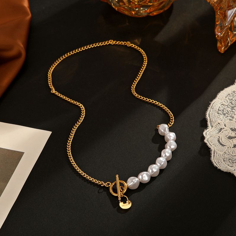 Elegante Geométrico Acero Inoxidable Chapado En Oro Perlas Artificiales Collar