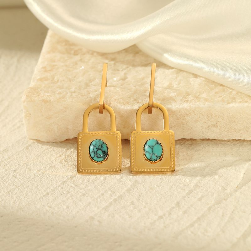 Fashion Lock Stainless Steel Plating Turquoise Drop Earrings 1 Pair