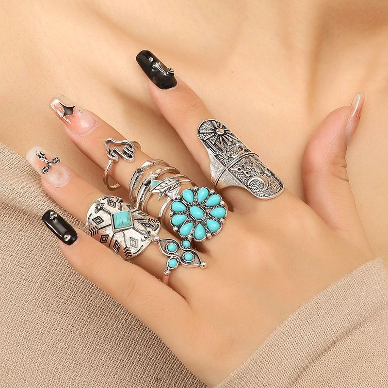 Ethnic Style Geometric Alloy Inlay Turquoise Women's Rings 9 Pieces