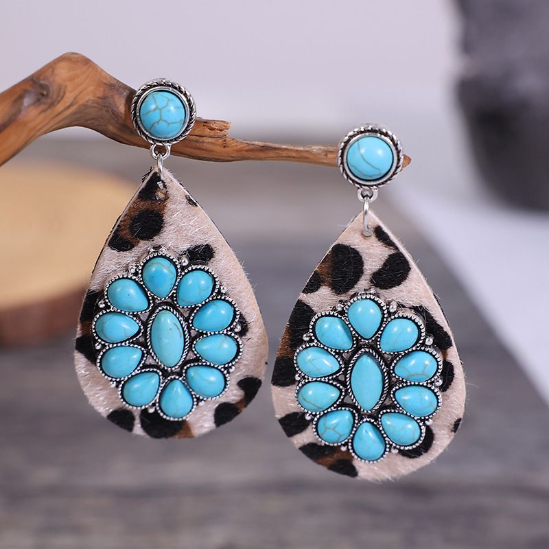 1 Pair Retro Water Droplets Pu Leather Plating Turquoise Women's Drop Earrings