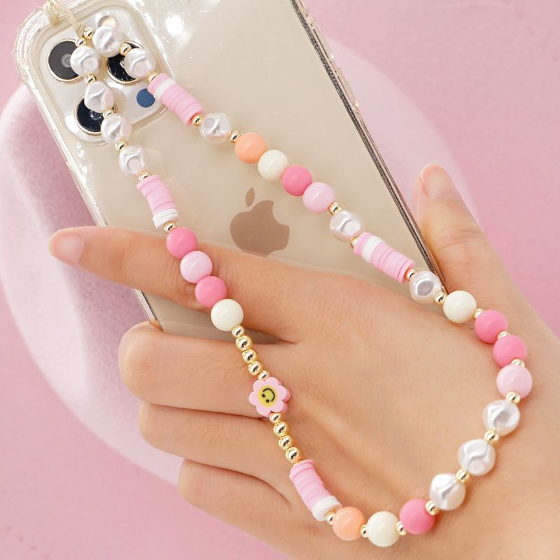 European And American Bohemian Style 8mm White Imitation Pearl 8mm Acrylic Round Beads Anti-lost Wrist Lanyard Mobile Phone Charm Women