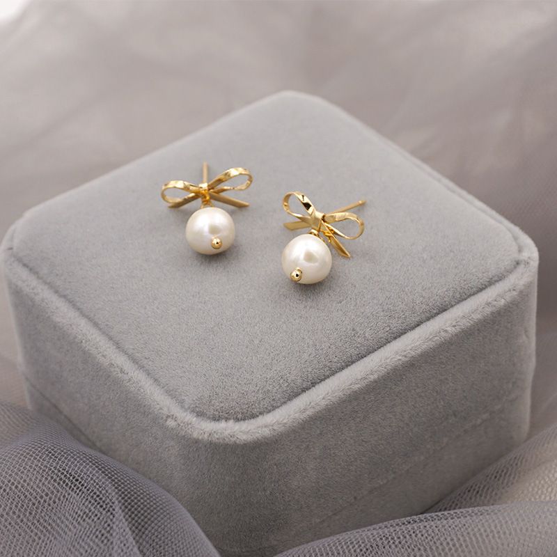 Fashion Bow Knot Pearl Plating Drop Earrings 1 Pair